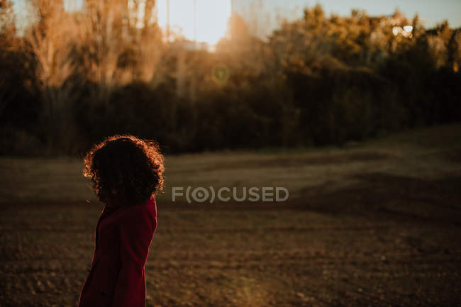 Vista laterale di gioiosa donna rossa in caldo cappotto sorridente e guardando la fotocamera mentre si cammina lungo la foresta autunnale — Foto stock