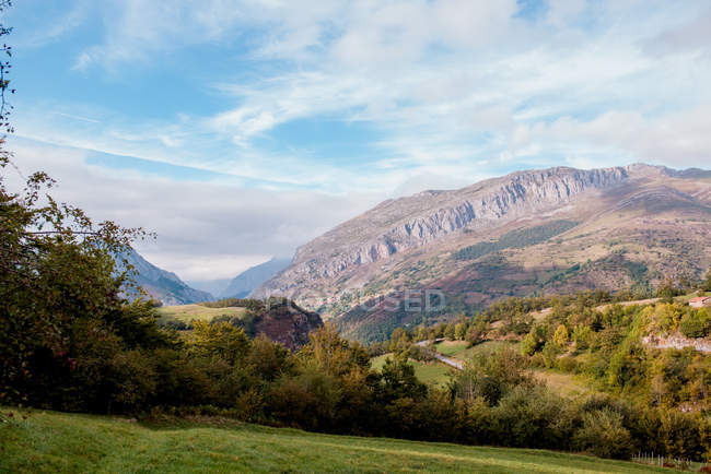 Vue panoramique sur les majestueuses crêtes montagneuses et la forêt d'automne par temps nuageux — Photo de stock