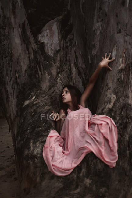From above of afraid tender woman in pink dress sitting on aged big tree in autumnal forest looking over shoulder — Stock Photo