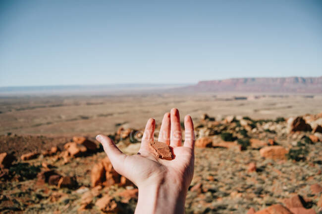 Сверху посевной турист с камнем в руке исследует пустыню с желтыми дюнами под ярким солнцем — стоковое фото