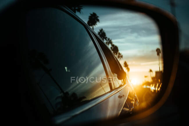 Яркое солнце и пальмы, отражающиеся в переднем зеркале темно-блестящей машины, движущейся по дороге в Венеции, США — стоковое фото