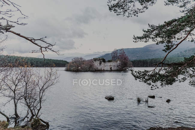 Разрушенный старый каменный замок на острове, окруженный водой и лесом в пасмурный день — стоковое фото