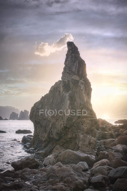 Rocher en mer contre une falaise verte — Photo de stock
