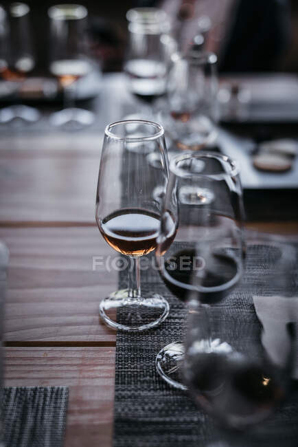 Glasses of wine on table in restaurant — Stock Photo