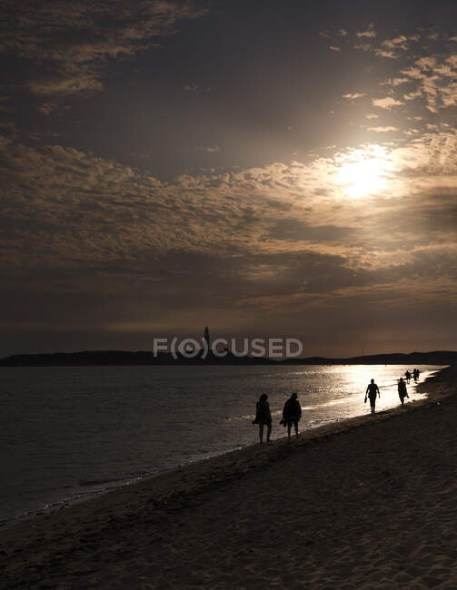 Люди на пляже во время заката — стоковое фото