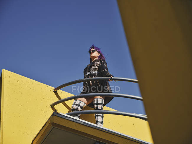 Desde abajo mujer con estilo con el peinado púrpura de pie en el mirador de la ciudad - foto de stock