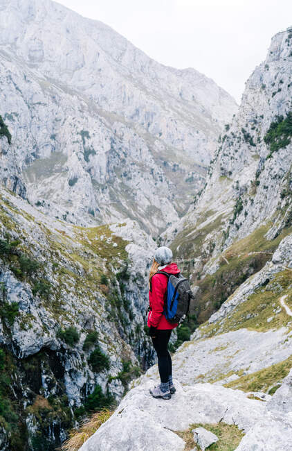 Side view of unrecognizable active woman hiker in red jacket with heavy backpack looking up at mountain in peaks of Europe, Asturias, Spain — Stock Photo