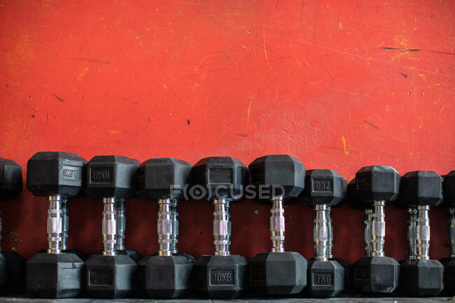 Conjunto de pesas tumbadas en el estante en el gimnasio - foto de stock