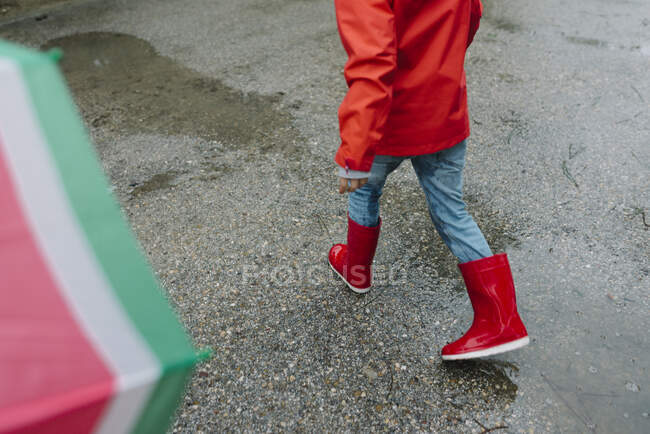 Чарівна радісна дитина в червоному плащі і гумових черевиках весело стрибає в калюжу на вулиці в парку в сірий день — стокове фото