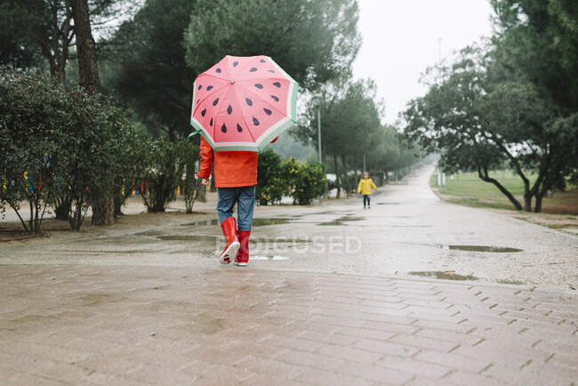 Задний вид на неузнаваемого ребенка с арбузным стилем, открытый зонтик в красном плаще и резиновые сапоги, прогуливающиеся по аллее парка в серый день — стоковое фото