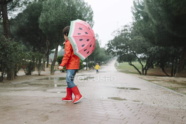 Вид збоку активна дитина з кавуновими стилями відкриває парасольку в червоному плащі і гумові чоботи, дивлячись далеко в паркову алею в сірий день — стокове фото