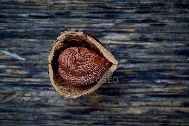 Half peeled hazelnut on table — Stock Photo
