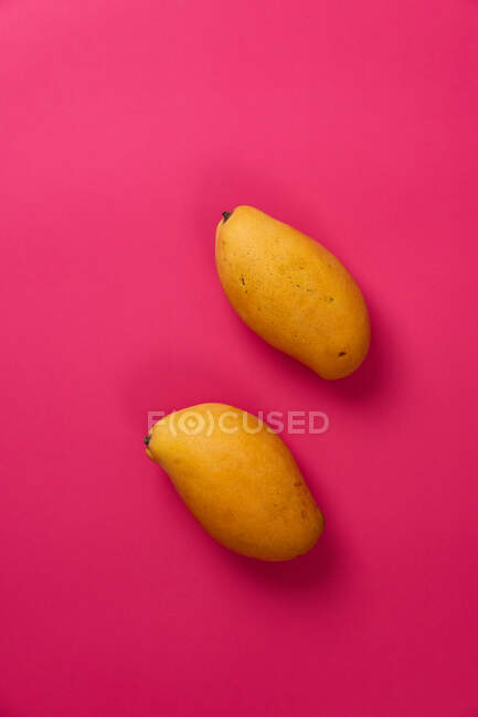 Fruta plana de mango en fondo de cartón de color rosa - foto de stock