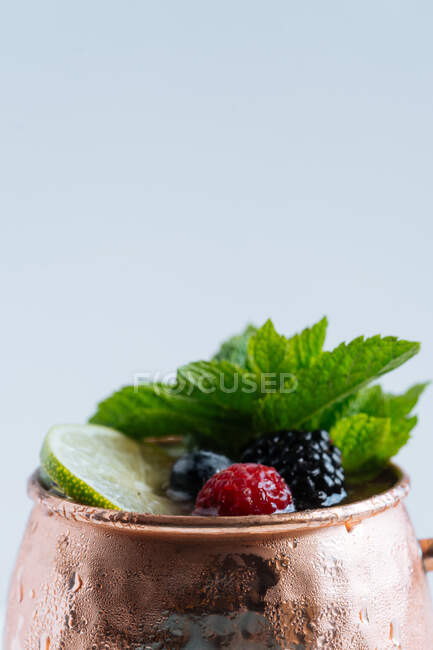Metal mug with portion of tasty fruit drink with lime and berries decorated with mint leaves and placed on white background — Stock Photo