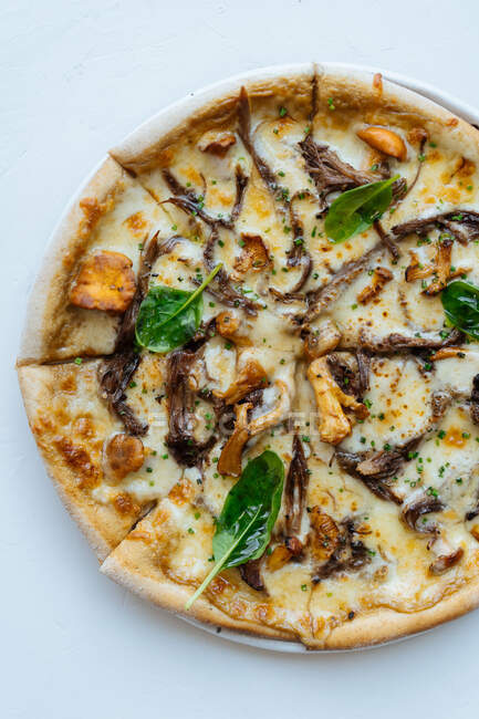 Overhead seafood sliced pizza with mushrooms and basil against white background — Stock Photo