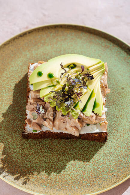 Do acima mencionado sanduíche de atum saboroso com partes de abacate fresco colocado na chapa na cafetaria — Fotografia de Stock