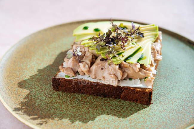From above tasty tuna sandwich with slices of fresh avocado placed on plate in cafeteria — Stock Photo
