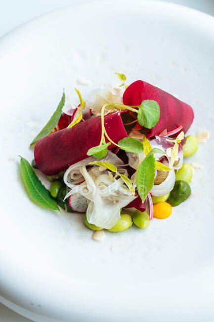 Primo piano piccola porzione di insalata di verdure gustosa posta sul piatto nel ristorante — Foto stock