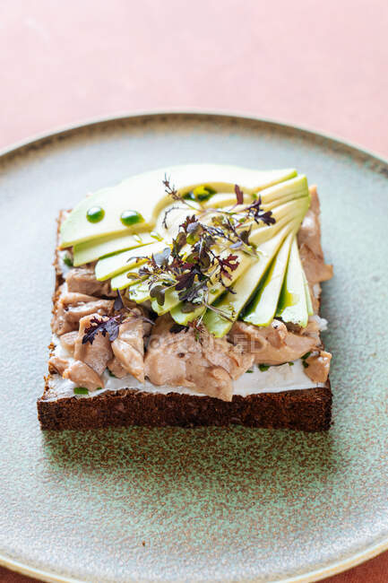 Зверху смачний бутерброд тунця зі скибочками свіжого авокадо, розміщеного на тарілці в кафетерії — стокове фото