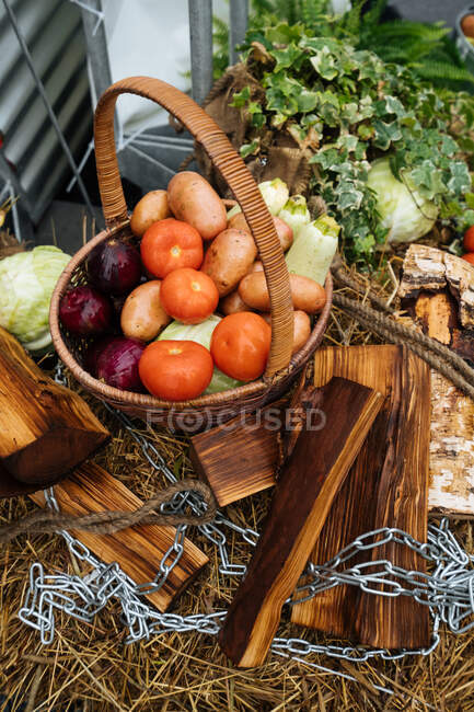 De arriba de las patatas frescas con los tomates y el calabacín cerca del maíz en las cajas y las cestas sobre el asfalto mojado en el mercado en el día nublado - foto de stock
