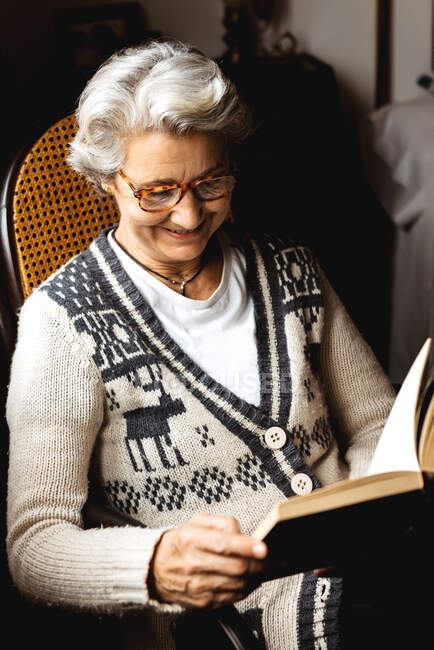 Elderly woman reading by window with enthusiasm — Stock Photo