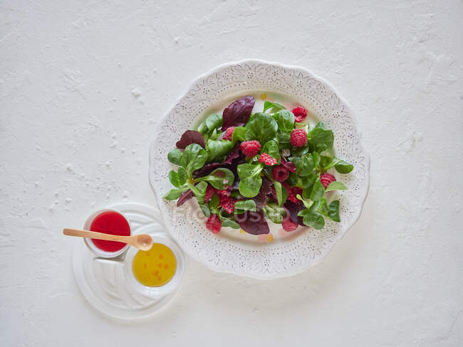 Ароматна малина та шпинат у білій тарілці з барвистим соусом — стокове фото