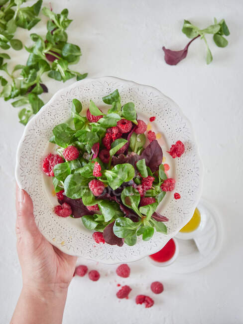 Von oben Ernte Koch hält Zierteller mit leckeren frischen Salat mit reifen Himbeeren und frischem Spinat — Stockfoto