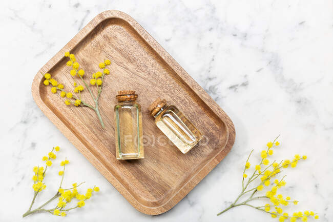 From above top view of mimosa flower and its essential oil on wooden tray on marble background table — Stock Photo