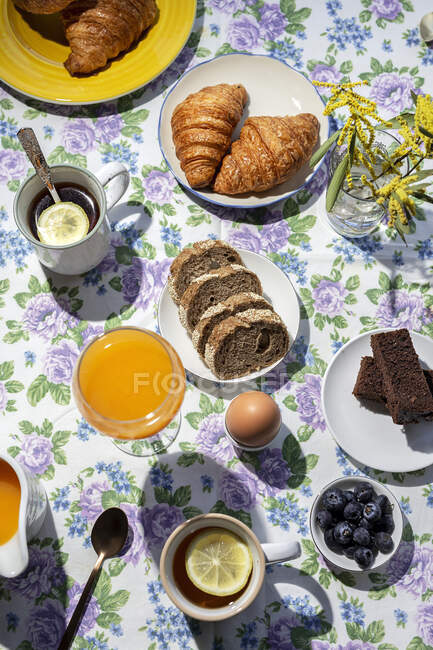 From above top view of homemade full brunch breakfast in sunlight with cooked eggs, blueberries, sponge cake, croissants, toast, tea, coffee and orange juice — Stock Photo