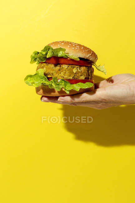 Cortado mão pessoa irreconhecível segurando um hambúrguer de lentilha verde vegan caseiro com tomate, alface e batatas fritas em um fundo colorido amarelo — Fotografia de Stock