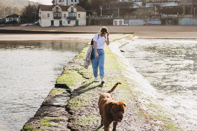 Giovane passeggiata femminile con cane sul molo di pietra nella città di Lekeitio nei Paesi Baschi con edifici residenziali e colline sullo sfondo — Foto stock