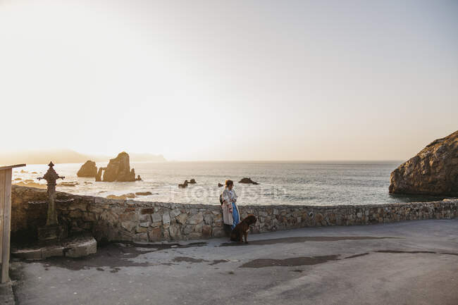Angle élevé de propriétaire femelle en vêtements décontractés avec un grand chien mastiff brun regardant loin et contemplant tout en étant appuyé sur une clôture en pierre sur le front de mer contre l'eau calme de la baie sous le ciel bleu en Espagne pendant le coucher du soleil — Photo de stock