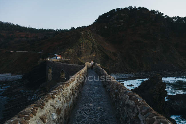 Feminino em roupas casuais com grande cão marrom em pé na ponte de pedra velha contra a inclinação rochosa da montanha na Espanha — Fotografia de Stock