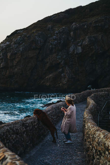 High angle of female in casual clothes with big brown dog standing on old stone bridge leaning on fence and looking away with interest against troubled bay water washing rocky coast in Spain — Stock Photo
