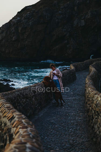 Високий кут жіночої статі в повсякденному одязі з великим коричневим собакою стоїть на старому кам'яному мосту, спираючись на паркан і озираючись з цікавістю до проблемної бухти води промивання скелястого узбережжя в Іспанії. — стокове фото