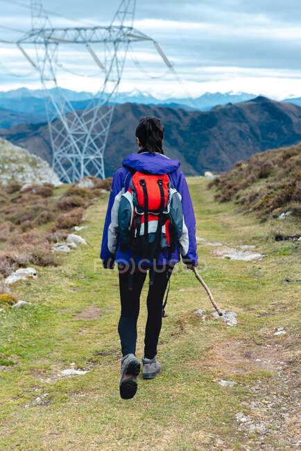 Vista trasera del turista con mochila y palo mirando hacia otro lado y admirando pintoresco paisaje mientras caminaba en la carretera de la colina bajo el cielo nublado en España - foto de stock