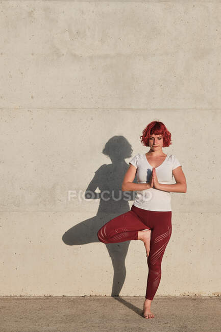 Atleta feminina descalça confiante em sportswear meditando enquanto está de pé na posição vrikshasana com as mãos fechadas no peito em namaste — Fotografia de Stock