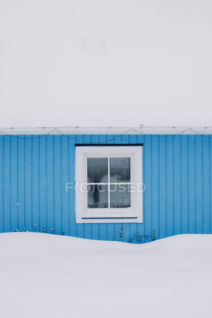 Edificio con parete blu e finestra smerigliata tra cumuli di neve sotto il grigio cielo invernale nella provincia svedese della Lapponia — Foto stock