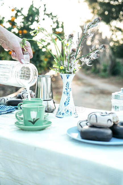 Donna che versa latte fresco dalla brocca alla tazza di ceramica mentre fa un picnic in giardino — Foto stock