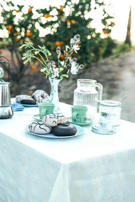 Picnic con delizioso dessert e caffè aromatico in giardino — Foto stock
