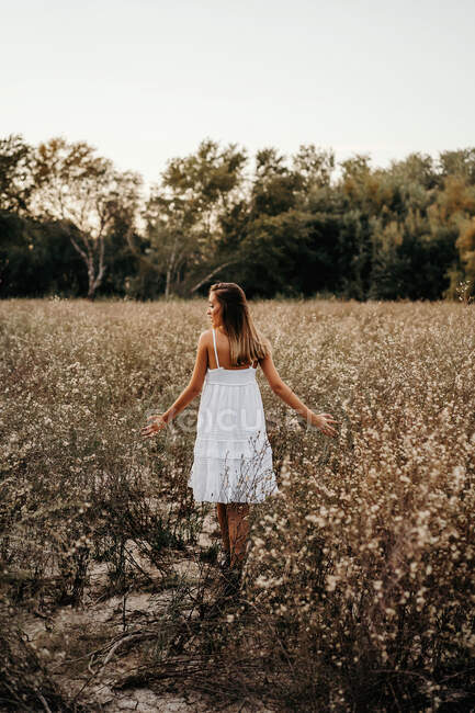 Tender senhora de pé no campo florescente — Fotografia de Stock
