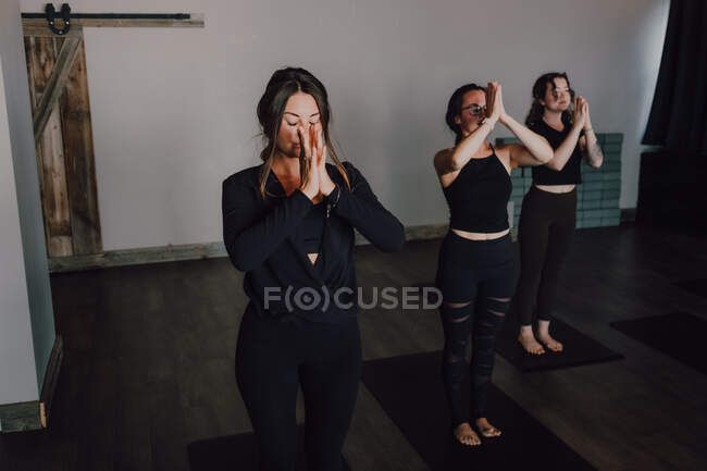 High angle of calm slender ladies in activewear with namaste standing in mountain position on sports mats on wooden floor and meditating in spacious contemporary gym with closed eyes — Stock Photo