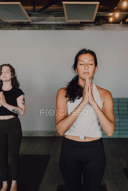 Calm slender ladies in activewear with namaste standing in mountain position on sports mats on wooden floor and meditating in spacious contemporary gym with closed eyes — Stock Photo