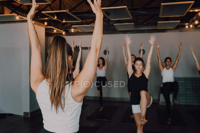 Back view of female instructor in sportswear standing in tree pose and controlling group of sporty people concentrating and doing same exercise on sports mats in dark modern gym — Stock Photo