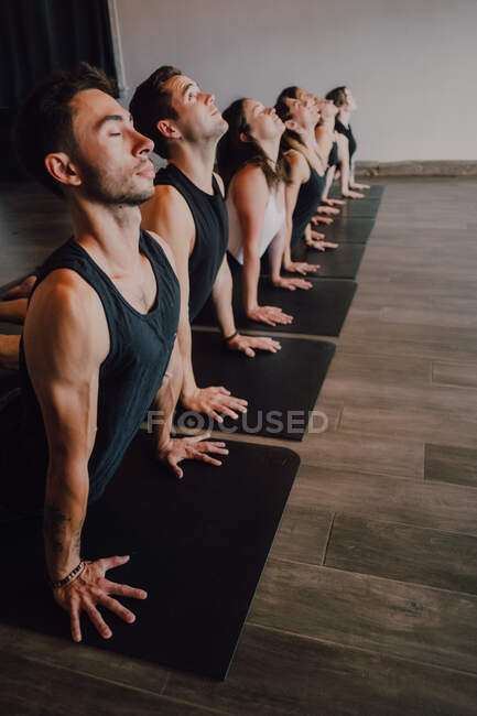 Side view of fit barefoot unrecognizable people in sportswear concentrating and doing upward facing dog exercise on sports mats on wooden floor against white walls of spacious hall — Stock Photo