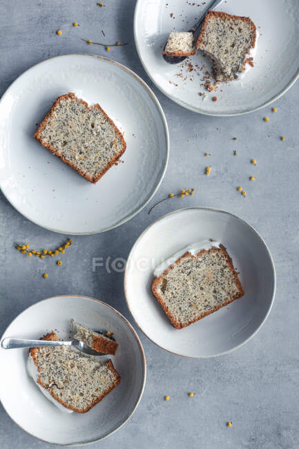 Pedaços de bolo de limão e sementes de papoila servidos em pratos brancos — Fotografia de Stock