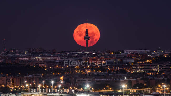 From above panoramic scenery of night city under shiny full Moon in Madrid — Stock Photo