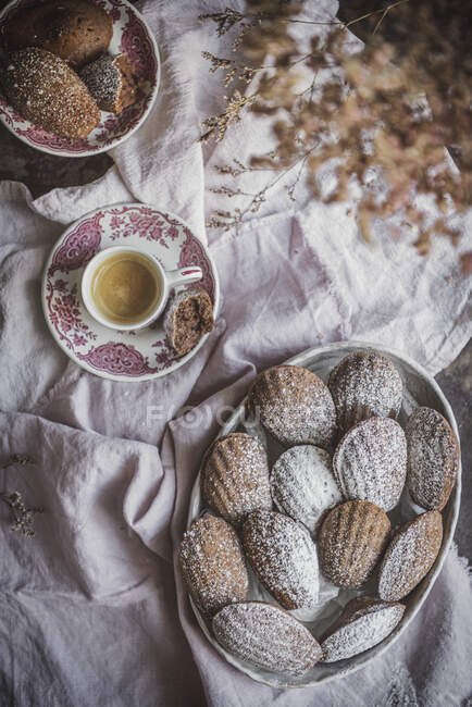 Vue du dessus des biscuits sucrés appétissants servis avec de la poudre sur la table avec une tasse de thé — Photo de stock