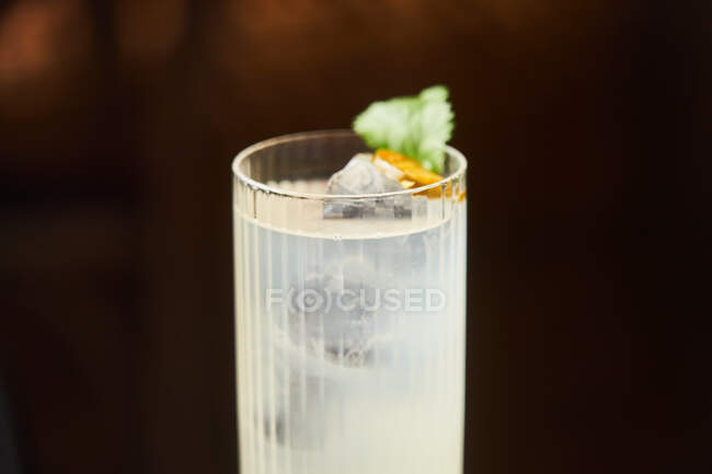 Cocktail de vodka et d'alcool tonique en verre highball décoré de feuilles de glace et de menthe sur fond sombre — Photo de stock