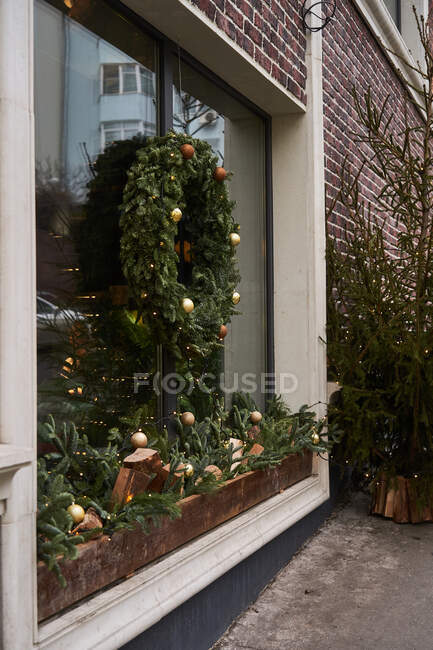 Façade de café avec des décorations colorées de branches de conifères et arbre de Noël avec des guirlandes à la lumière du jour — Photo de stock
